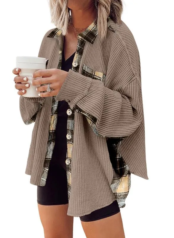 Womens Waffle Knit Plaid Shacket Boyfriend Button Down Shirt Jacket Loose Long Sleeve Tops