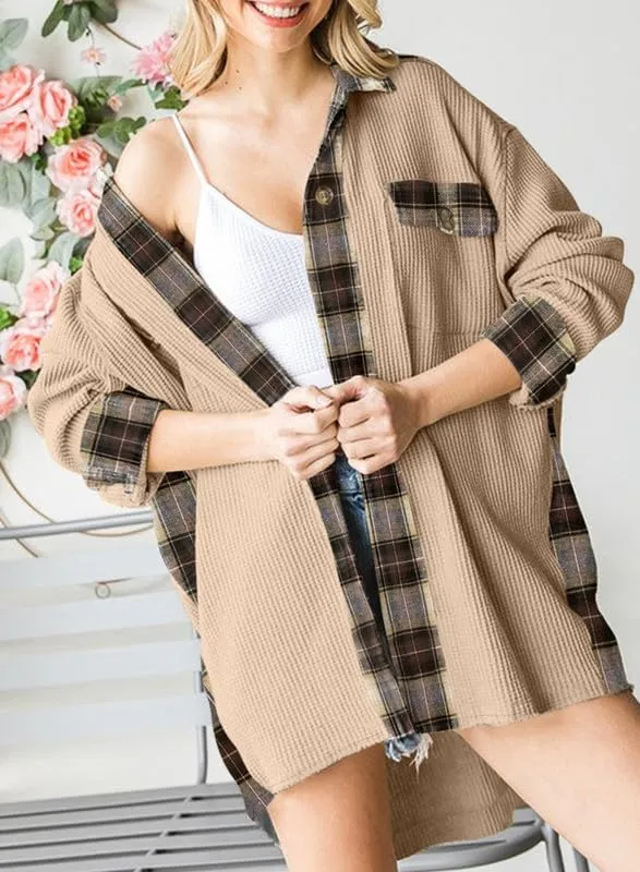Womens Waffle Knit Plaid Shacket Boyfriend Button Down Shirt Jacket Loose Long Sleeve Tops