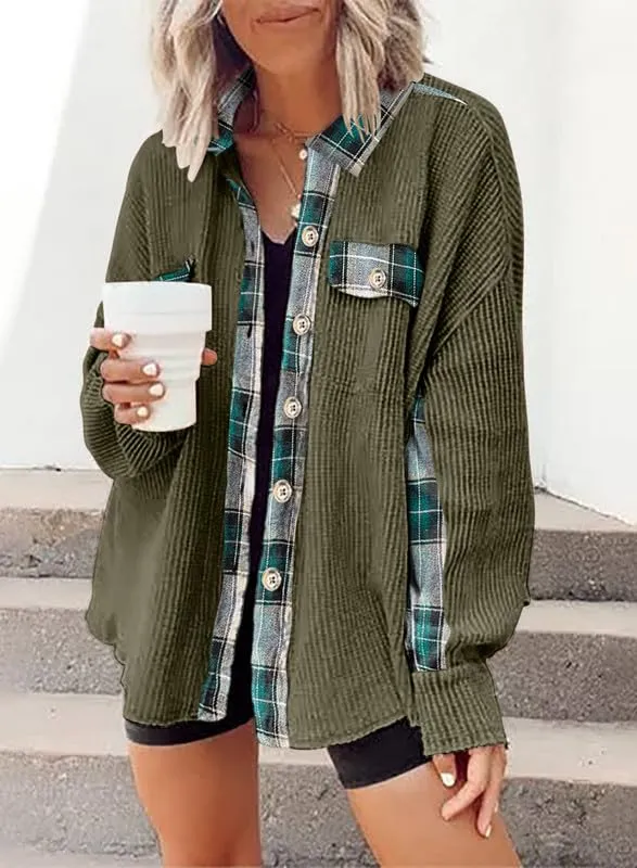 Womens Waffle Knit Plaid Shacket Boyfriend Button Down Shirt Jacket Loose Long Sleeve Tops