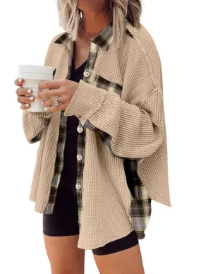 Womens Waffle Knit Plaid Shacket Boyfriend Button Down Shirt Jacket Loose Long Sleeve Tops