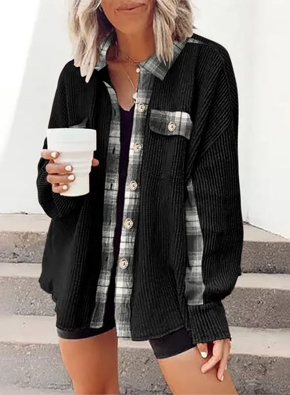 Womens Waffle Knit Plaid Shacket Boyfriend Button Down Shirt Jacket Loose Long Sleeve Tops