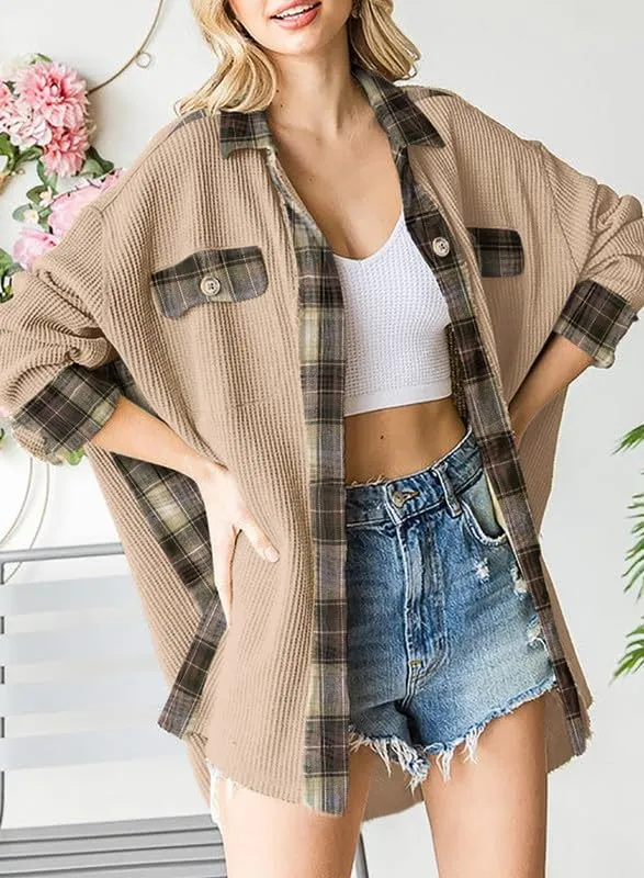 Womens Waffle Knit Plaid Shacket Boyfriend Button Down Shirt Jacket Loose Long Sleeve Tops