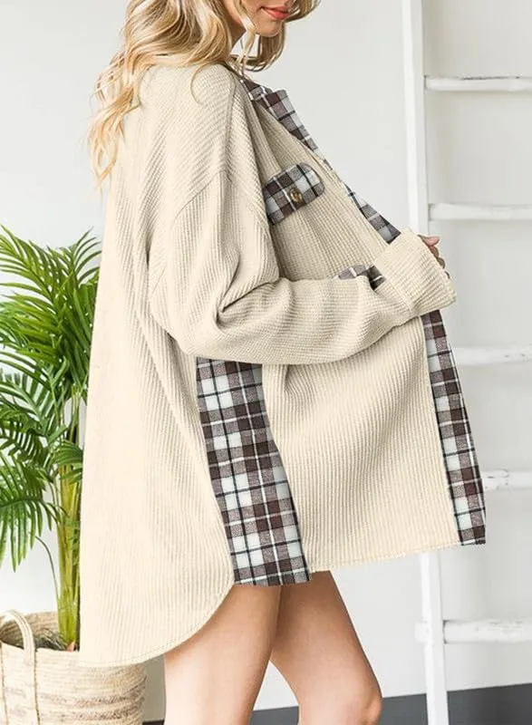 Womens Waffle Knit Plaid Shacket Boyfriend Button Down Shirt Jacket Loose Long Sleeve Tops