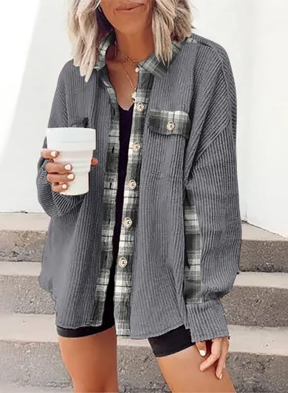 Womens Waffle Knit Plaid Shacket Boyfriend Button Down Shirt Jacket Loose Long Sleeve Tops