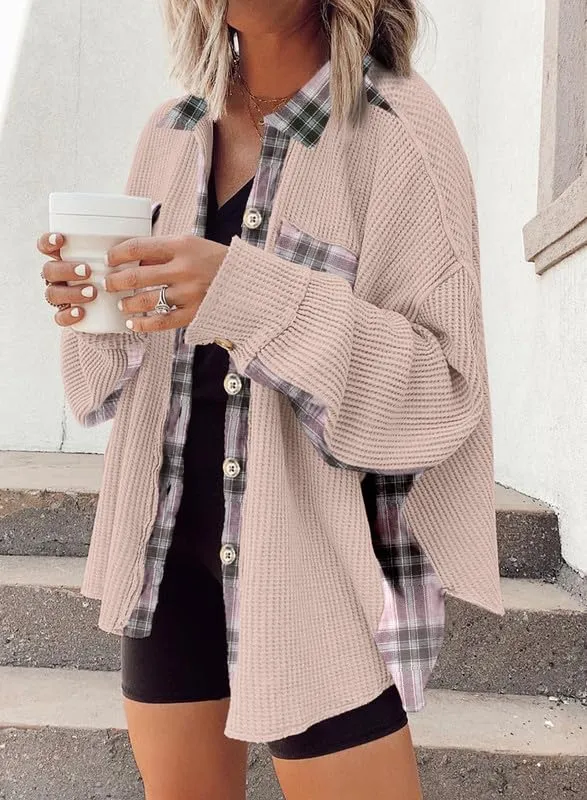 Womens Waffle Knit Plaid Shacket Boyfriend Button Down Shirt Jacket Loose Long Sleeve Tops