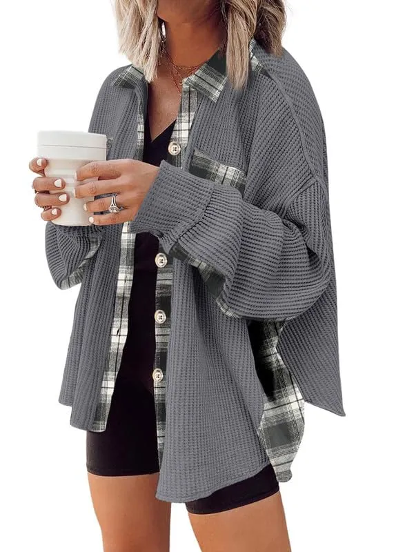 Womens Waffle Knit Plaid Shacket Boyfriend Button Down Shirt Jacket Loose Long Sleeve Tops