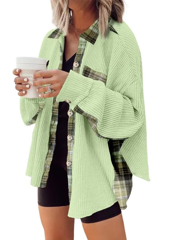 Womens Waffle Knit Plaid Shacket Boyfriend Button Down Shirt Jacket Loose Long Sleeve Tops