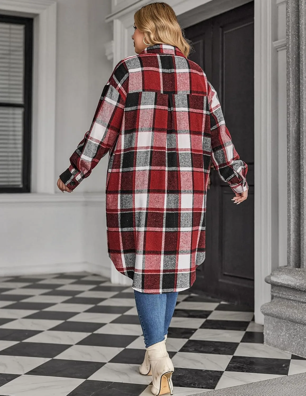 Zeagoo Womens Plus Size Flannel Plaid Button Down Shacket Jacket