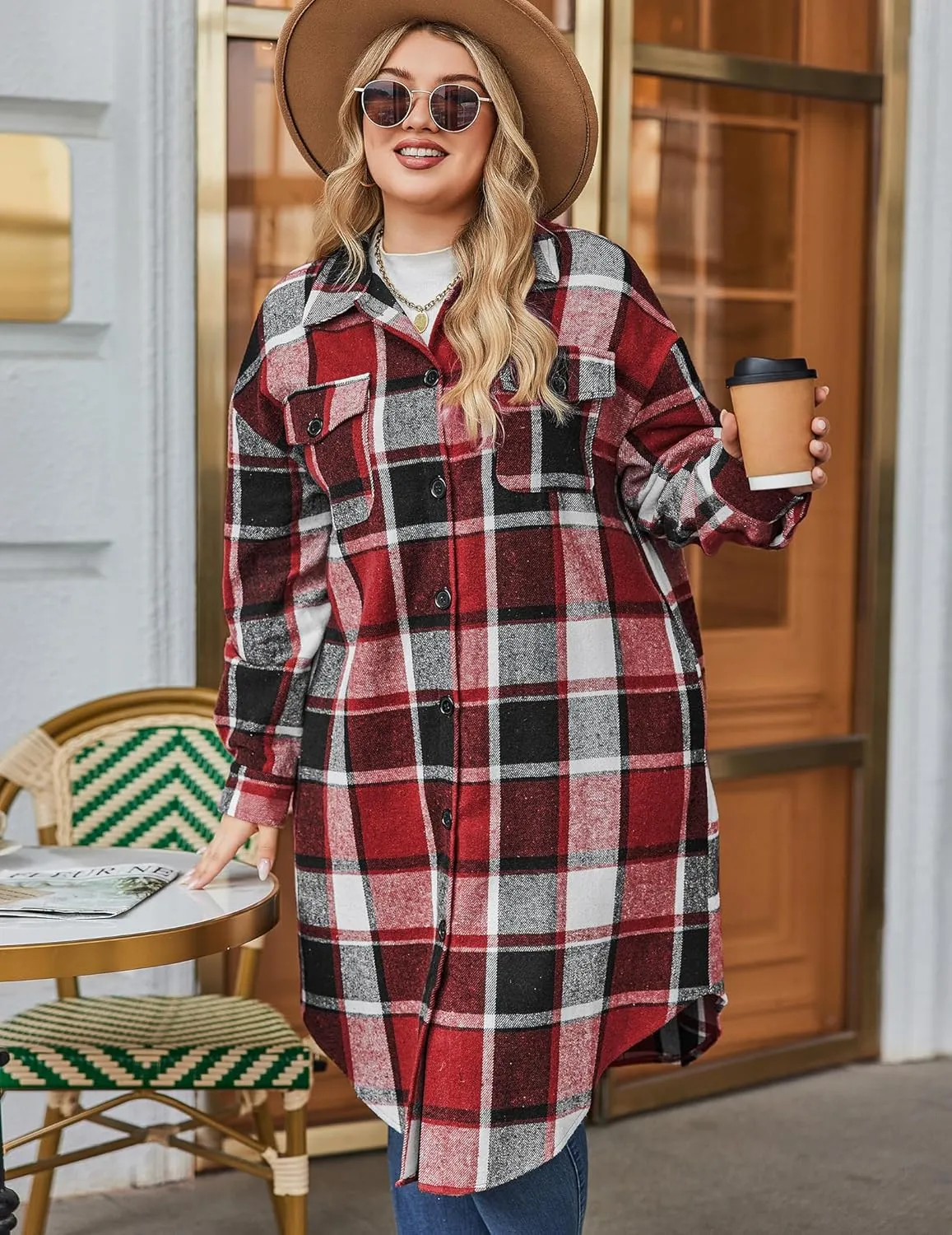 Zeagoo Womens Plus Size Flannel Plaid Button Down Shacket Jacket