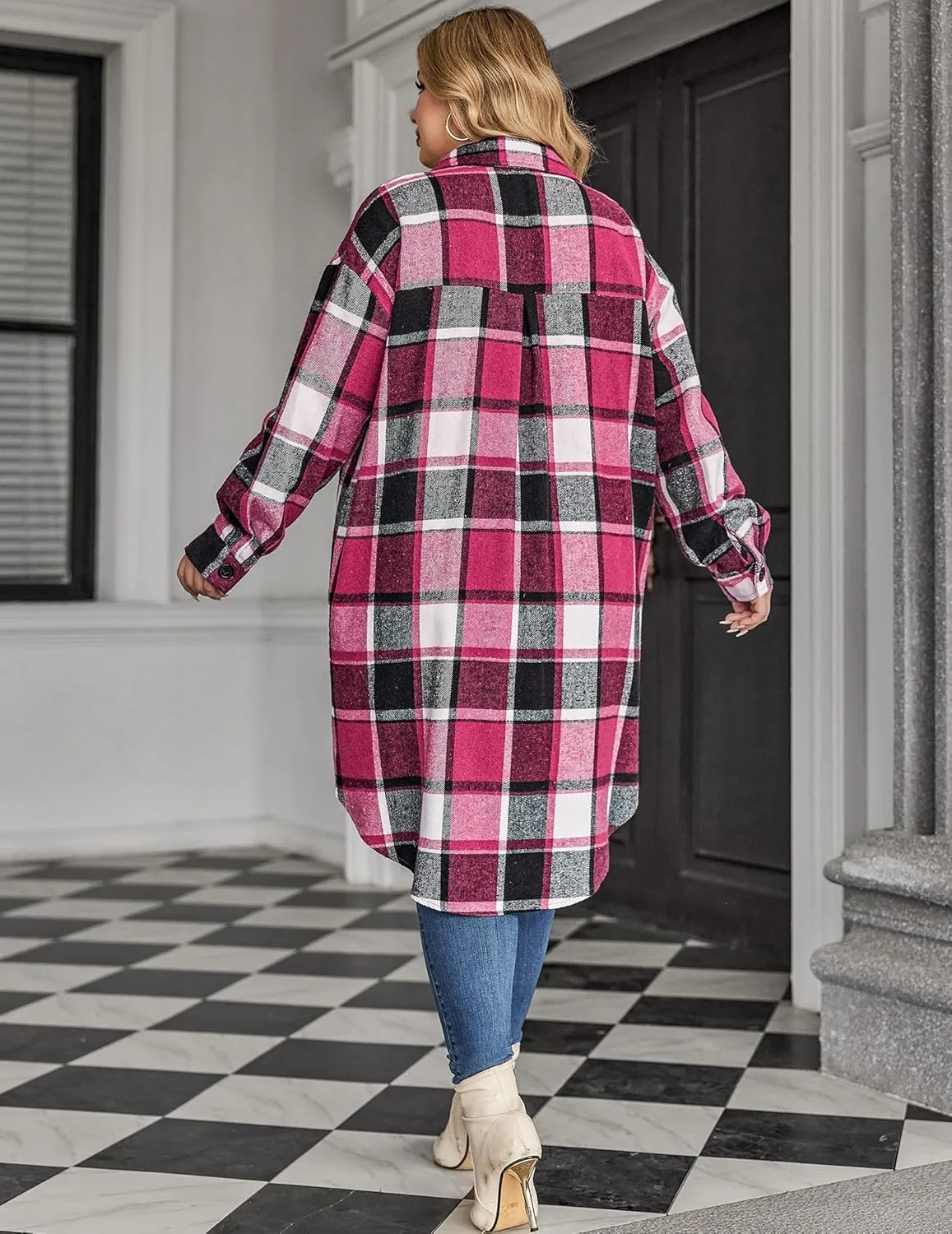 Zeagoo Womens Plus Size Flannel Plaid Button Down Shacket Jacket