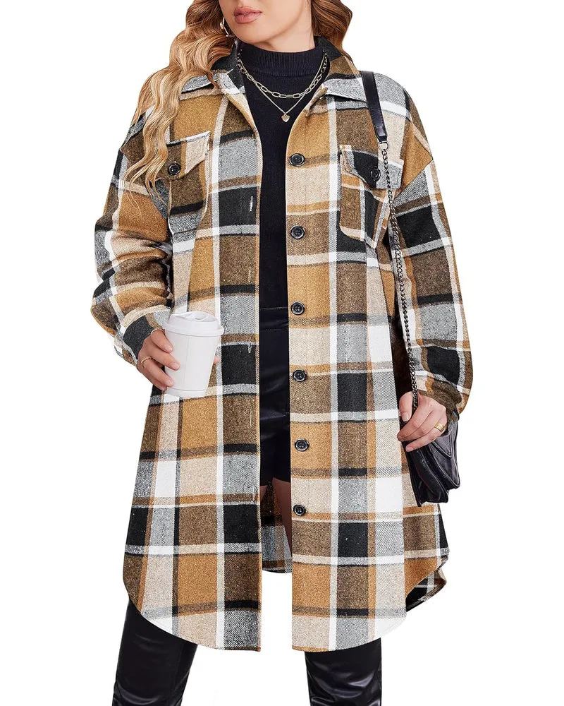 Zeagoo Womens Plus Size Flannel Plaid Button Down Shacket Jacket