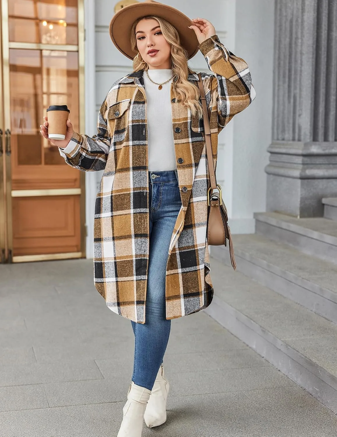 Zeagoo Womens Plus Size Flannel Plaid Button Down Shacket Jacket