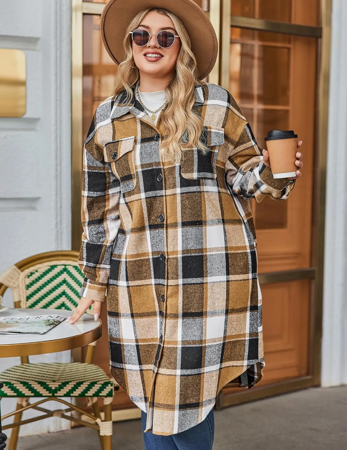 Zeagoo Womens Plus Size Flannel Plaid Button Down Shacket Jacket