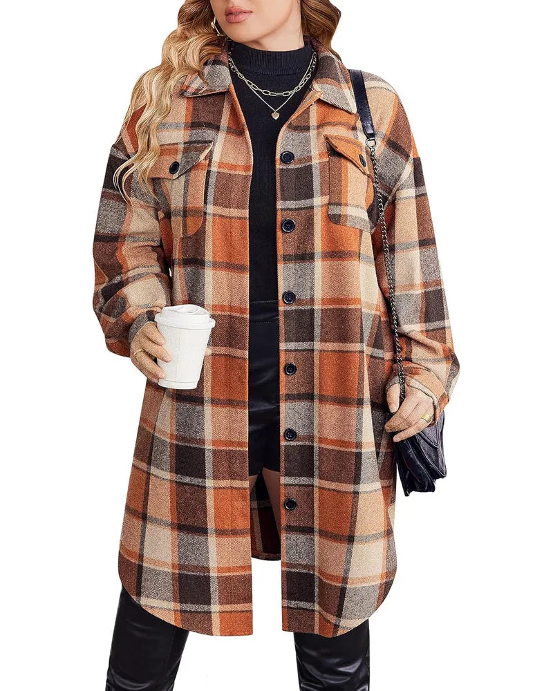 Zeagoo Womens Plus Size Flannel Plaid Button Down Shacket Jacket
