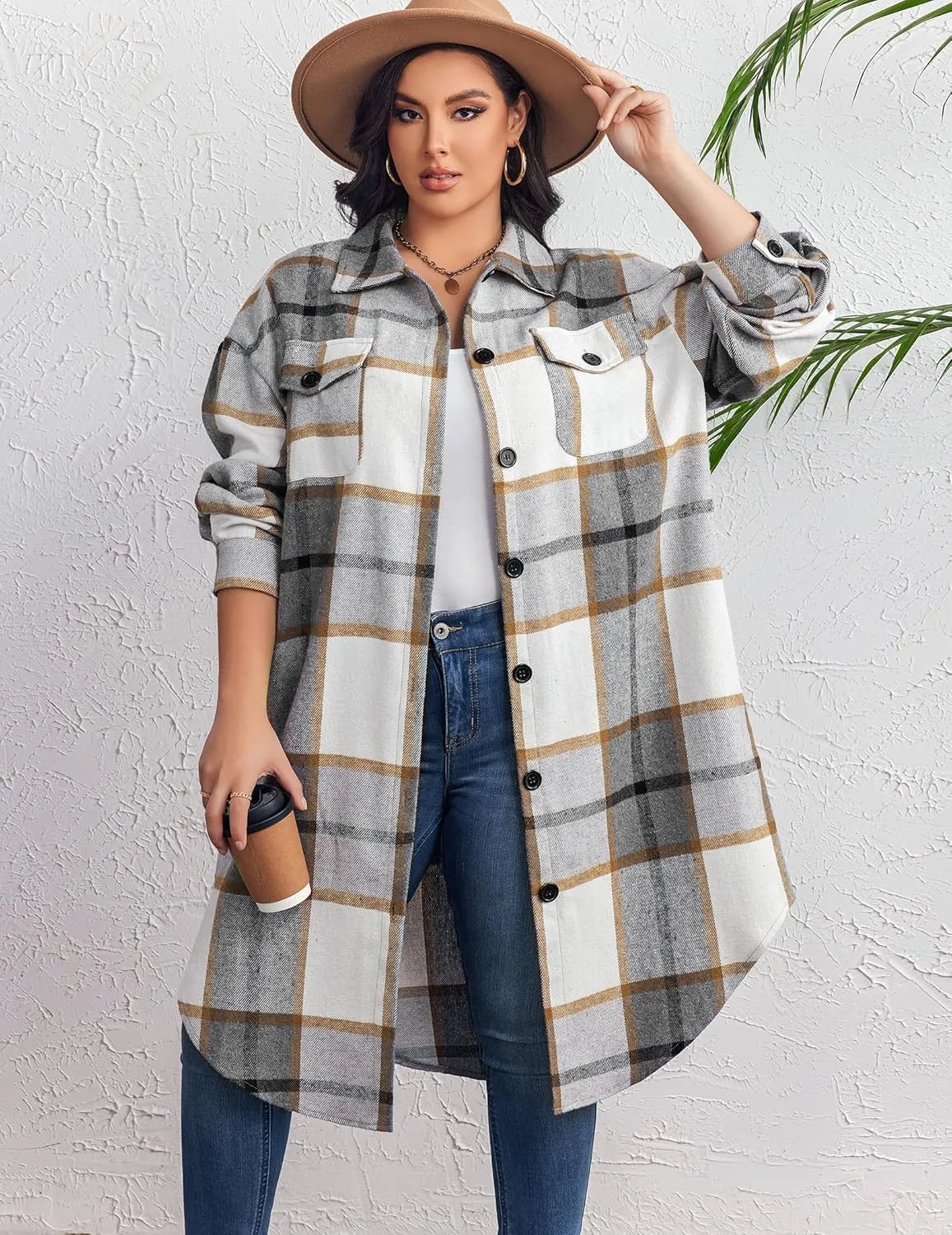 Zeagoo Womens Plus Size Flannel Plaid Button Down Shacket Jacket