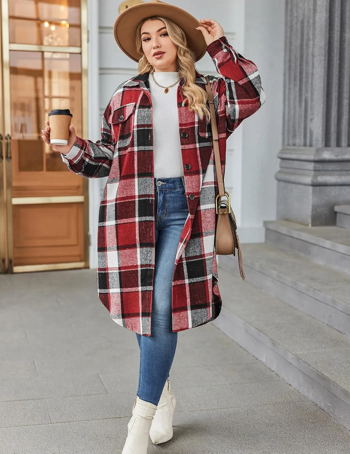 Zeagoo Womens Plus Size Flannel Plaid Button Down Shacket Jacket
