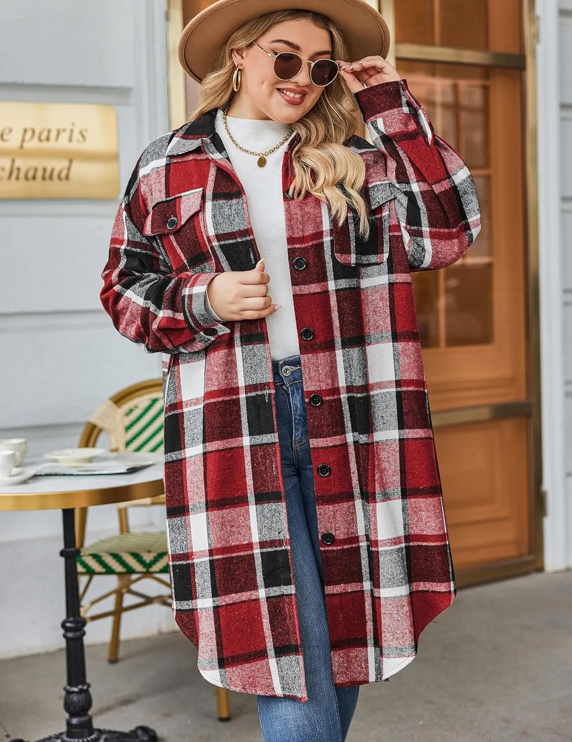 Zeagoo Womens Plus Size Flannel Plaid Button Down Shacket Jacket
