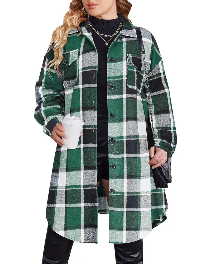 Zeagoo Womens Plus Size Flannel Plaid Button Down Shacket Jacket