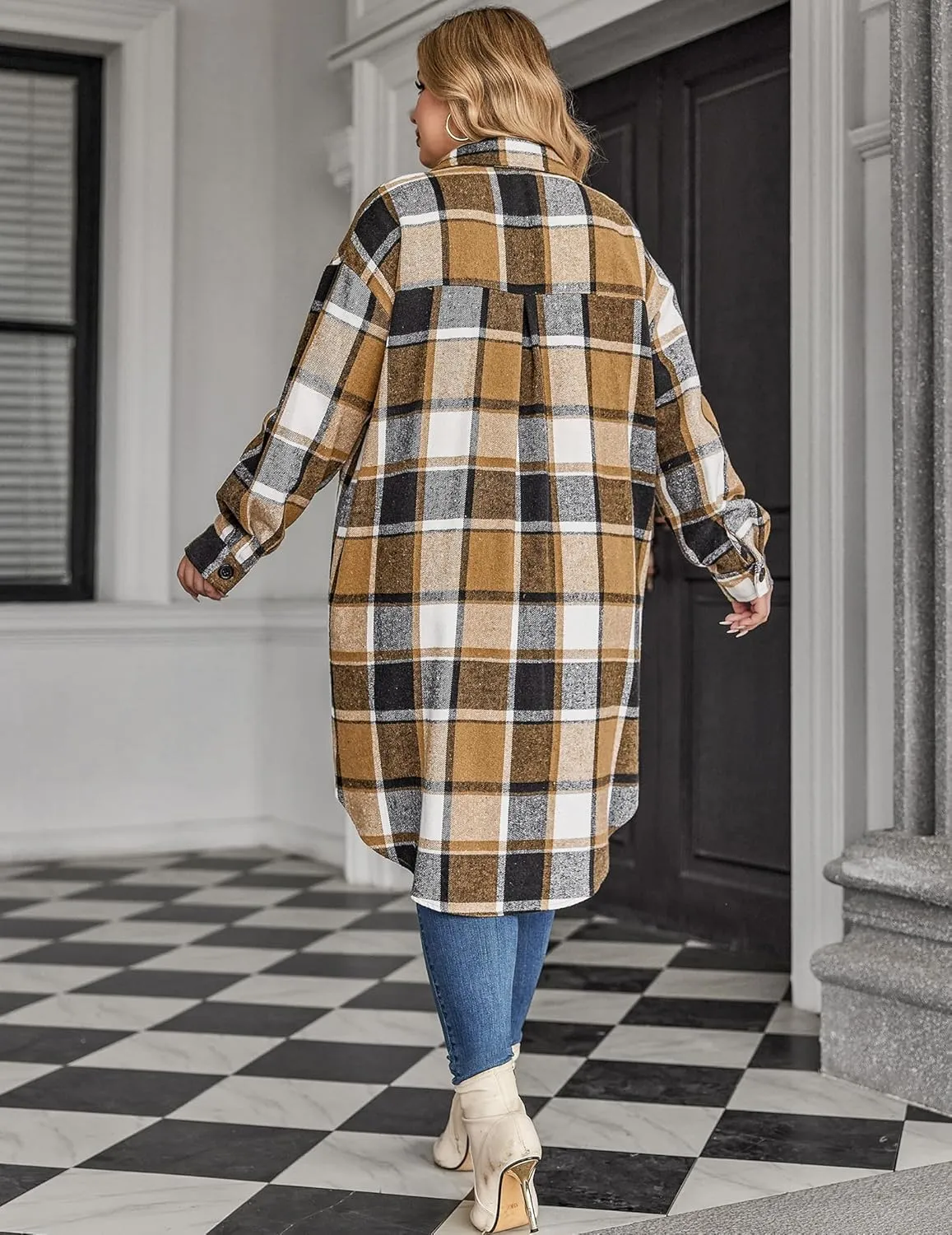 Zeagoo Womens Plus Size Flannel Plaid Button Down Shacket Jacket