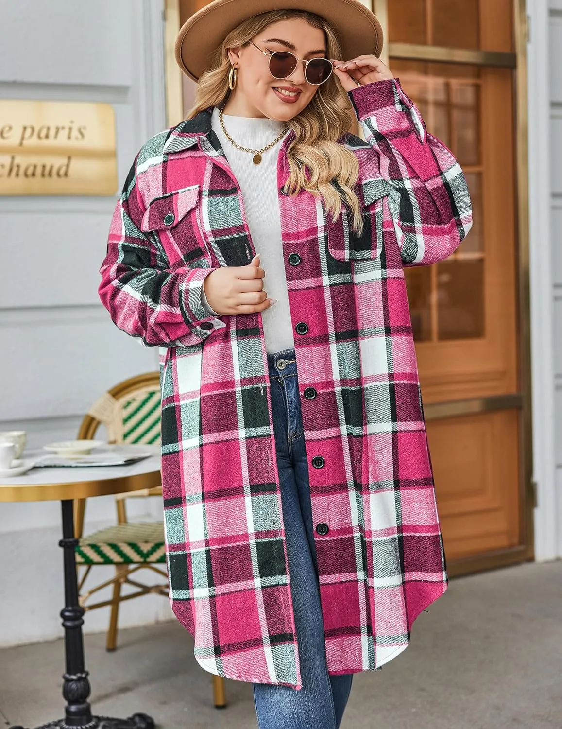 Zeagoo Womens Plus Size Flannel Plaid Button Down Shacket Jacket