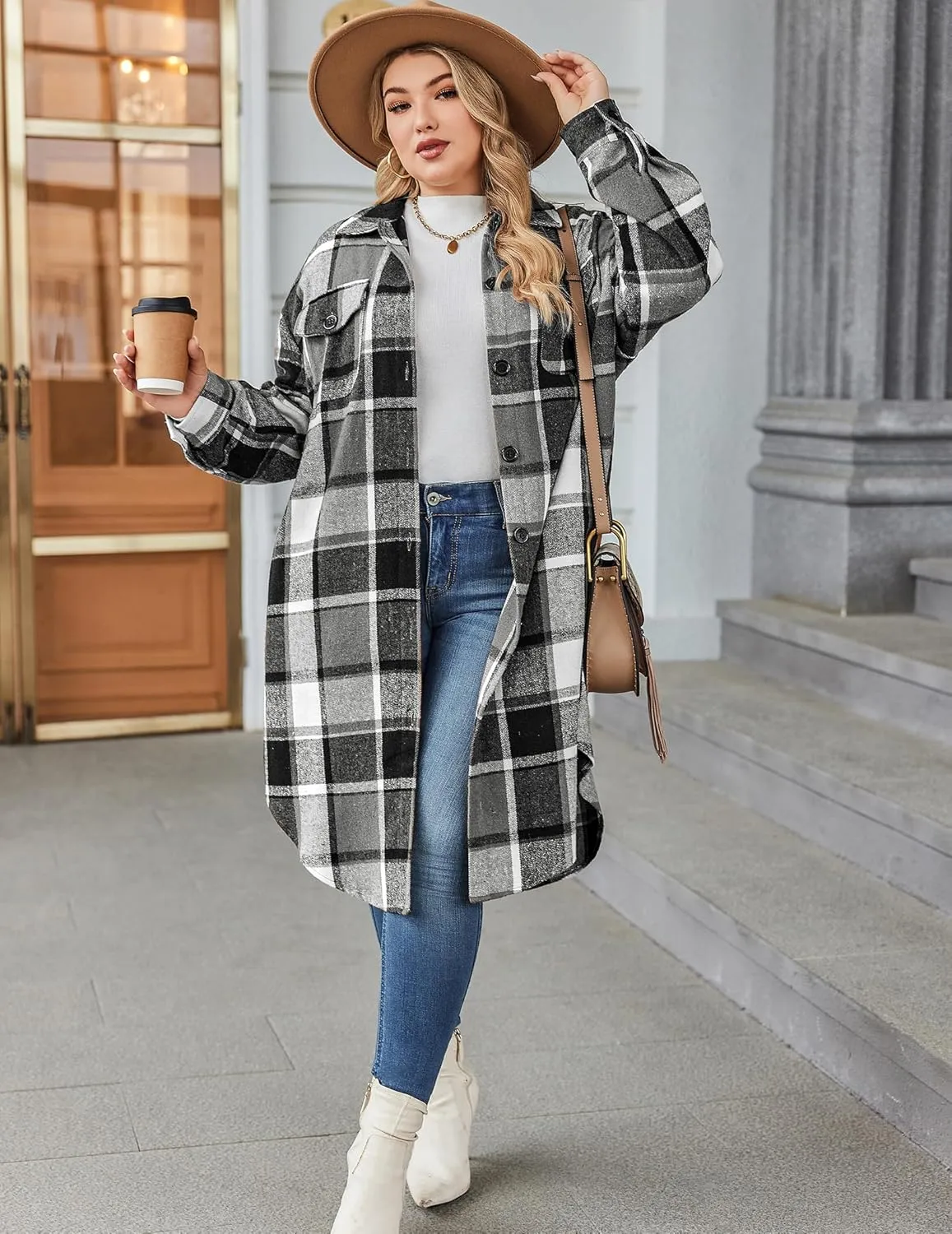 Zeagoo Womens Plus Size Flannel Plaid Button Down Shacket Jacket