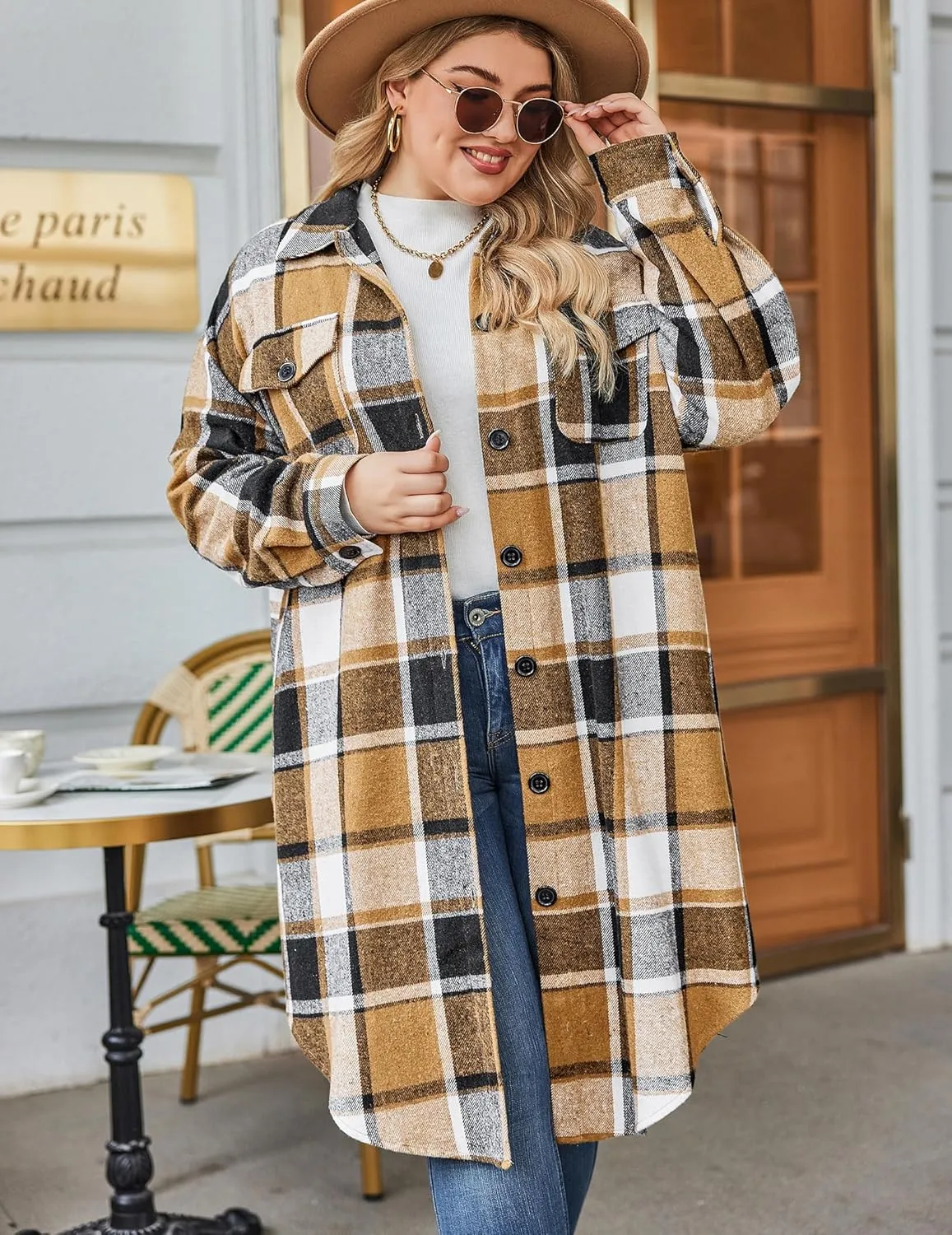 Zeagoo Womens Plus Size Flannel Plaid Button Down Shacket Jacket