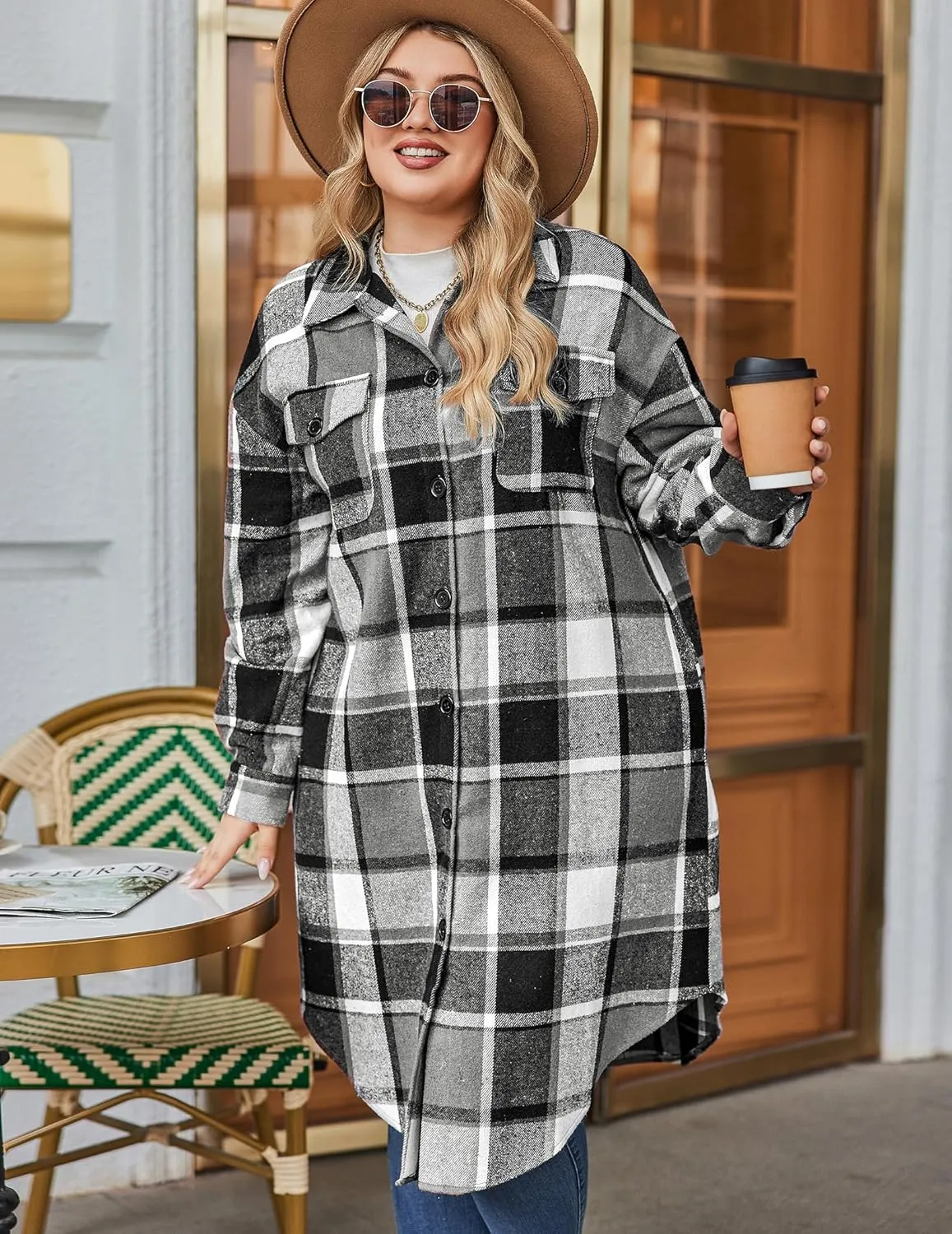 Zeagoo Womens Plus Size Flannel Plaid Button Down Shacket Jacket