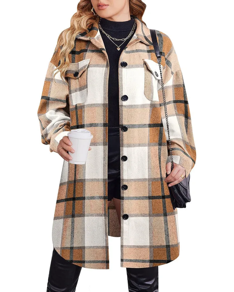 Zeagoo Womens Plus Size Flannel Plaid Button Down Shacket Jacket