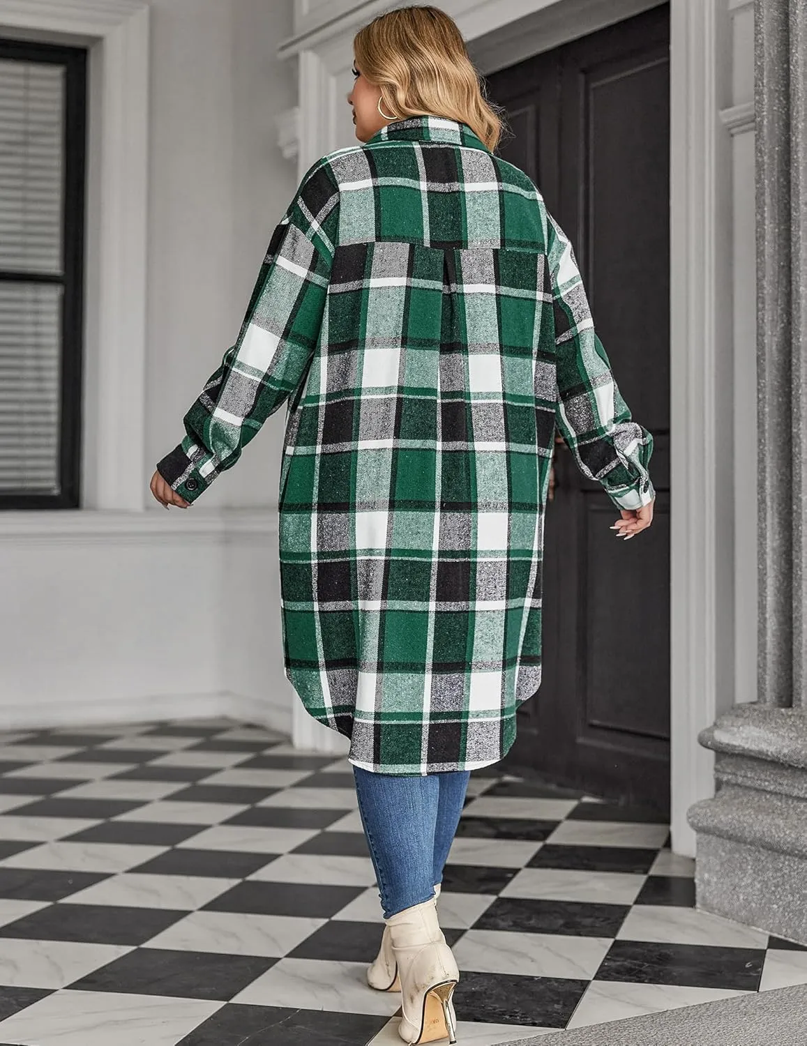 Zeagoo Womens Plus Size Flannel Plaid Button Down Shacket Jacket