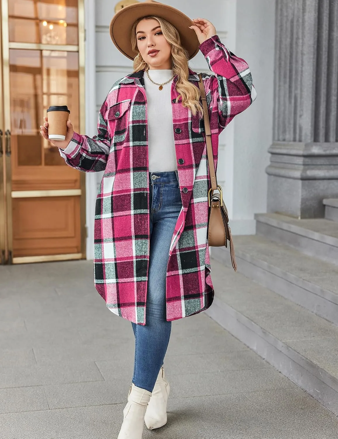 Zeagoo Womens Plus Size Flannel Plaid Button Down Shacket Jacket