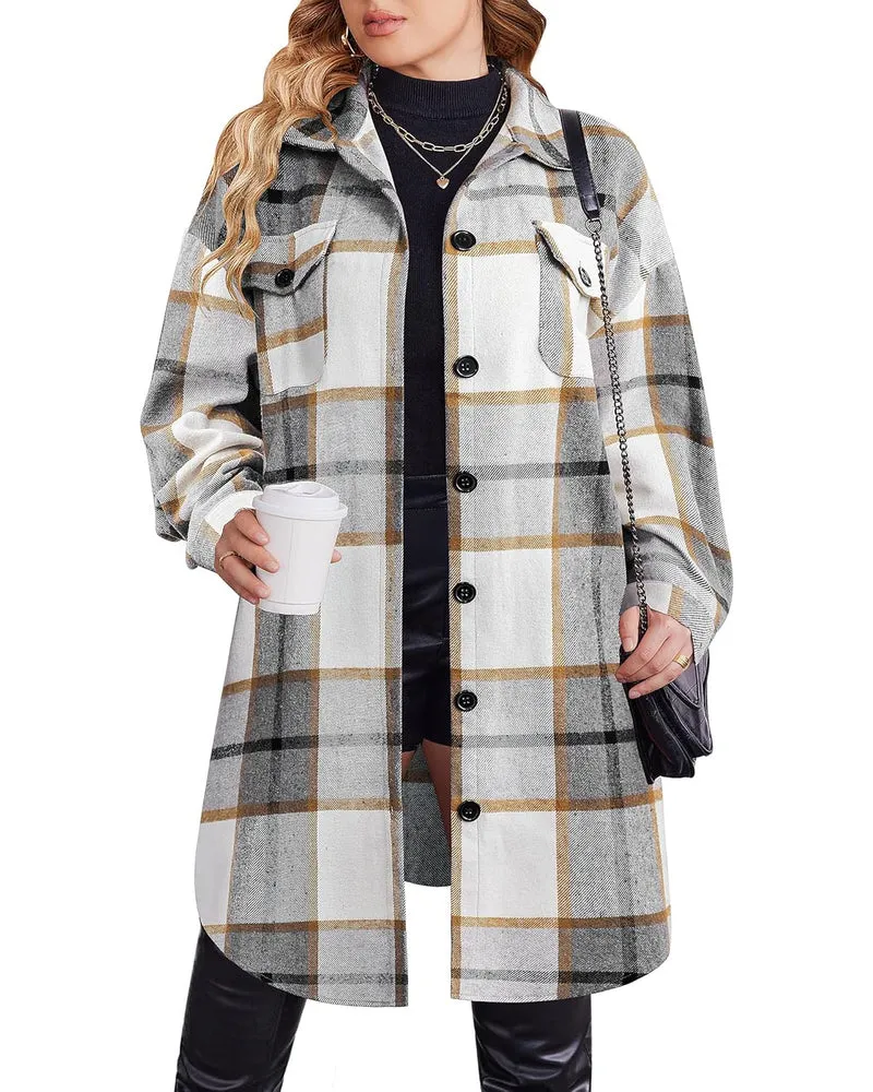 Zeagoo Womens Plus Size Flannel Plaid Button Down Shacket Jacket