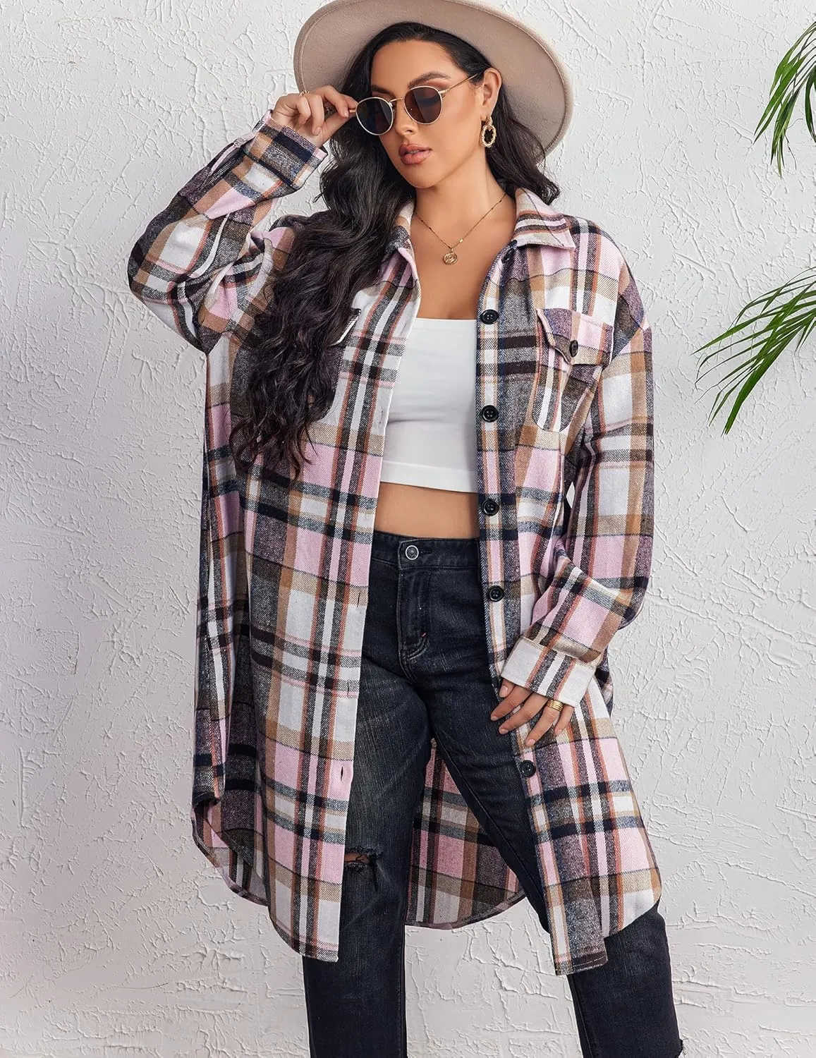 Zeagoo Womens Plus Size Flannel Plaid Button Down Shacket Jacket