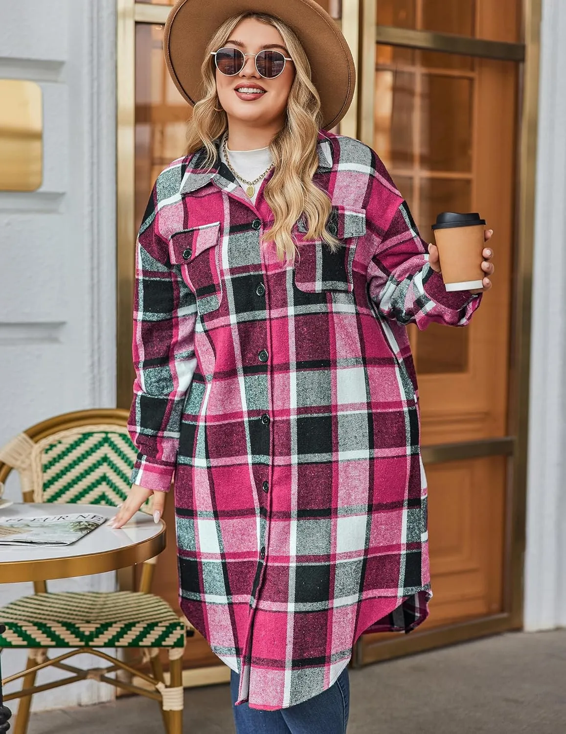Zeagoo Womens Plus Size Flannel Plaid Button Down Shacket Jacket