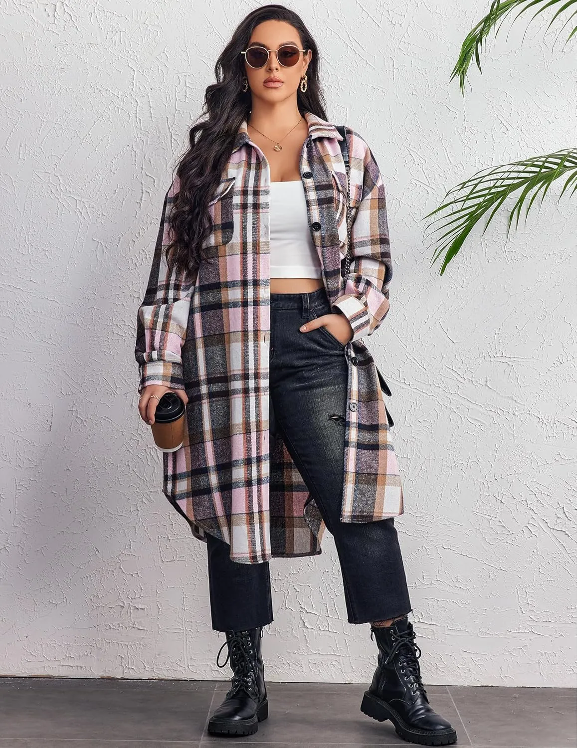 Zeagoo Womens Plus Size Flannel Plaid Button Down Shacket Jacket