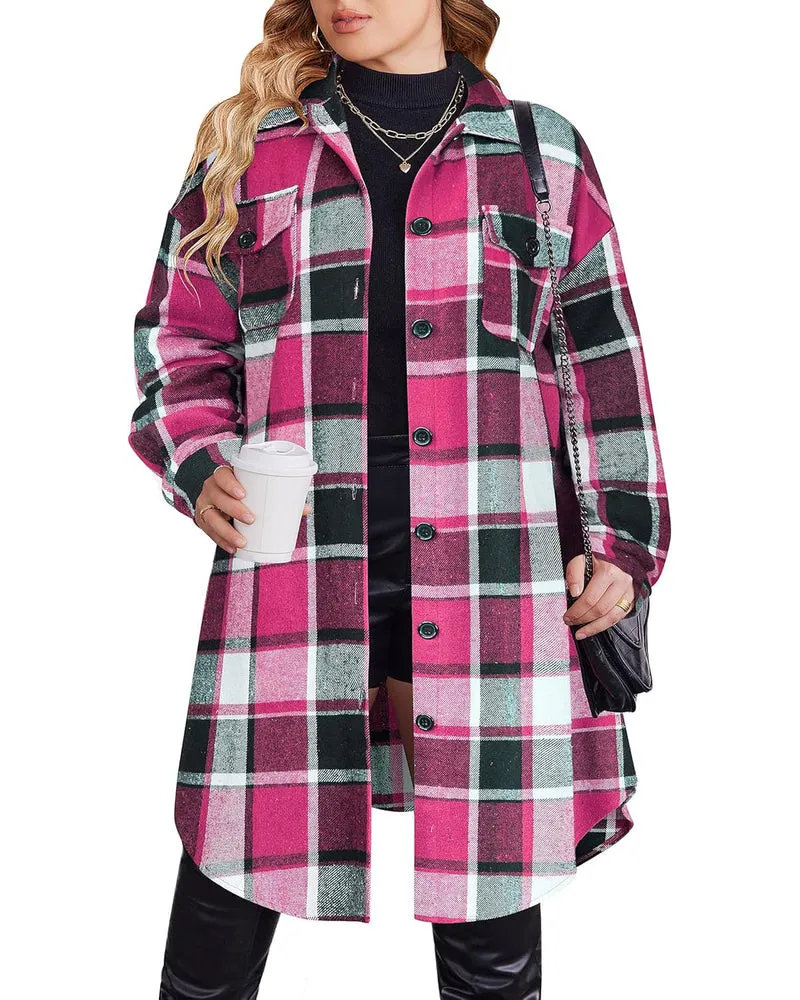 Zeagoo Womens Plus Size Flannel Plaid Button Down Shacket Jacket