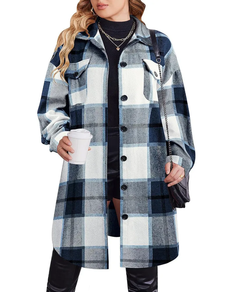 Zeagoo Womens Plus Size Flannel Plaid Button Down Shacket Jacket