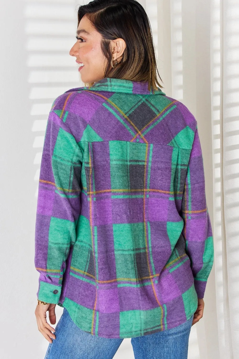 Zenana Plaid Button Up Long Sleeve Jacket